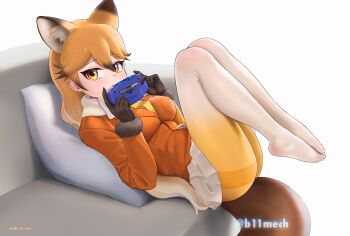 1girl animal_ears ass beleven blonde_hair blush bow bowtie breasts cushion extra_ears ezo_red_fox_(kemono_friends) fox_ears fox_tail game_boy_advance gloves hair_between_eyes handheld_game_console highres jacket kemono_friends large_breasts legs_up long_hair long_sleeves looking_at_viewer multicolored_hair pantyhose skirt solo tail thighband_pantyhose