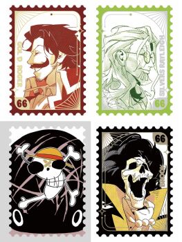 Rule 34 | 3boys, afro, ascot, beard, brook (one piece), collared shirt, commentary, facial hair, glasses, gol d. roger, hair slicked back, jolly roger, kithwith (kith 0121), laboon, long hair, multiple boys, mustache, one piece, open mouth, orange shirt, postage stamp, scar, scar across eye, scar on face, shirt, silvers rayleigh, skeleton, smile, straw hats jolly roger, whale