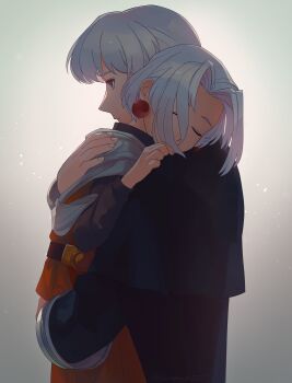 1boy 1girl affectionate asagi_(banzoku210) billy_lee_black blue_eyes brother_and_sister closed_eyes commentary_request earrings grey_background hair_intakes highres hug jewelry monolith_soft primera_black short_hair siblings white_hair xeno_(series) xenogears