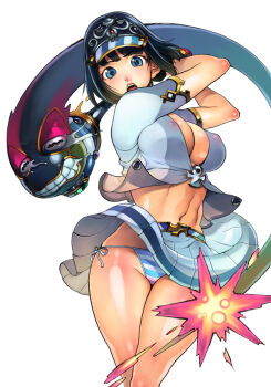 1girl ancient_princess_menace bad_id bad_pixiv_id black_hair blue_eyes blue_panties blue_shirt blue_skirt breasts cleavage clothes_lift covered_erect_nipples f.s. female_focus hitting large_breasts looking_at_viewer menace_(queen's_blade) midriff miniskirt navel no_bra open_mouth panties queen's_blade shirt short_sleeves side-tie_panties simple_background skirt skirt_lift solo string_panties striped_clothes striped_panties thighs underwear visor_cap white_background