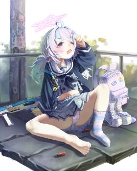 1girl absurdres ahoge arm_support arm_up backpack bag beads black_jacket black_neckerchief blue_archive blue_hair blue_panties blue_shoes blue_socks bullet buttons double-breasted eyes_visible_through_hair fang feet grey_shirt grey_skirt hair_beads hair_ornament halo highres jacket knee_up loli long_hair looking_at_viewer low_twintails midriff miniskirt multicolored_hair multicolored_panties multicolored_shoes multicolored_socks navel neckerchief no_shoes on_ground one_eye_closed open_clothes open_jacket open_mouth panties pink_bag pink_hair pink_halo pink_panties pink_shoes pink_socks pleated_skirt purple_eyes railing reisa_(blue_archive) sailor_collar school_uniform serafuku shirt shoes single_bare_foot single_sock sitting skirt smile sneakers socks solo spread_legs standard_manufacturing_dp-12 star_(symbol) star_hair_ornament star_halo striped_clothes striped_panties striped_socks sunshine_wuchen sweat toes twintails two-tone_hair underwear unworn_bag unworn_shoes unworn_socks white_background white_sailor_collar