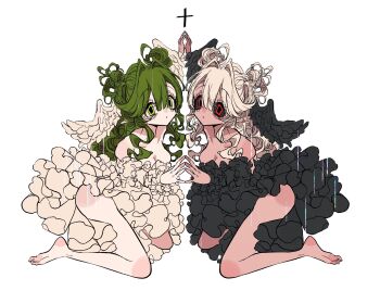 2girls :o bare_shoulders barefoot black_dress black_sclera blonde_hair breasts character_request cleavage colored_sclera commentary copyright_request cross curly_hair double_bun dress frilled_dress frills green_eyes green_hair hair_bun head_wings highres kneeling long_hair multiple_girls red_eyes simple_background symbol-only_commentary tan ushichansama white_background wings