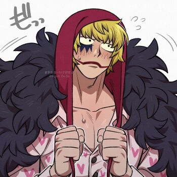 Rule 34 | 1boy, absurdres, artist name, averting eyes, black coat, blonde hair, blush, buttons, closed mouth, coat, coat on shoulders, collarbone, collared shirt, donquixote rocinante, embarrassed, facial mark, feather coat, flying sweatdrops, hands up, heart, heart print, highres, hood, kageimo, long sleeves, male focus, one piece, pectoral cleavage, pectorals, pink shirt, print shirt, red hood, red lips, shirt, short hair, simple background, solo, sweat, sweatdrop, twitter username, upper body, watermark, white background