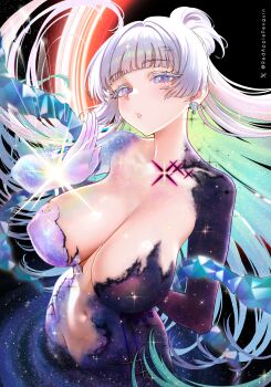 1girl absurdres alternate_breast_size_(larger) aqua_hair black_hole blue_eyes bodysuit breasts breasts_apart cleavage colored_eyelashes colored_inner_hair commentary english_commentary goddess_of_victory:_nikke highres huge_breasts large_breasts long_hair multicolored_bodysuit multicolored_hair navel nayuta_(nikke) nayuta_(wu_wei)_(nikke) official_alternate_costume red_ringo solo space_skin split-color_clothes thick_eyelashes twitter_username two-tone_bodysuit two-tone_hair unusually_open_eyes very_long_hair water_sleeves white_eyelashes white_hair