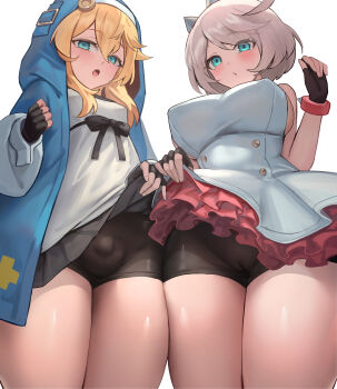 1boy 1girl absurdres ahoge aqua_eyes bike_shorts bike_shorts_under_skirt black_gloves black_shorts blonde_hair blush bracelet breasts bridget_(guilty_gear) bulge cameltoe collar commentary_request covered_penis covered_testicles cowboy_shot dress elphelt_valentine fingerless_gloves frilled_dress frills gloves guilty_gear guilty_gear_strive habit hairband hakusyokuto hetero highres hood hood_up hooded_jacket hoodie huge_ahoge jacket jewelry large_breasts long_sleeves looking_at_viewer medium_hair open_clothes open_hoodie open_mouth paid_reward_available pink_dress pink_hairband puffy_long_sleeves puffy_sleeves short_hair shorts sideboob small_penis spiked_bracelet spiked_collar spiked_hairband spikes thick_thighs thighs trap two-tone_dress white_dress white_hair