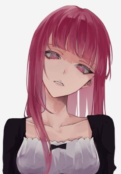 1girl 2023 bleach breasts collarbone dokugamine_riruka female_focus hair_down highres parted_lips purple_eyes purple_hair simple_background small_breasts tsundere ui_1231 upper_body