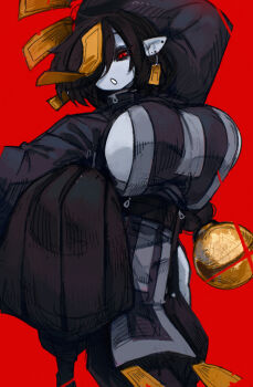 Rule 34 | 1girl, baggy clothes, bell, black hair, black pantyhose, breasts, colored sclera, colored skin, commentary, ear tag, english commentary, fighting stance, grey skin, hair over one eye, hakama, hakama pants, highres, huge breasts, japanese clothes, jiangshi, jingle bell, looking at viewer, mei lan (zana), ofuda, original, pants, pantyhose, pointy ears, red background, red eyes, red sclera, short hair, sideboob, sleeves past wrists, slit pupils, solo, standing, standing on one leg, zanamaoria
