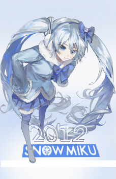 1girl :t absurdres aqua_hair aqua_trim blue_eyes blue_gloves blue_skirt blue_sweater blush_stickers bow character_name commentary gloves hair_between_eyes hair_bow hair_ornament hatsune_miku headphones highres long_hair long_sleeves looking_at_viewer official_alternate_costume official_alternate_hairstyle open_mouth pleated_skirt pout pye_yyy skirt smile snowflake_print snowflakes solo sweater twintails very_long_hair vocaloid yuki_miku yuki_miku_(2012)