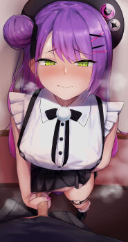 1boy 1girl badge beret black_bow black_bowtie black_footwear black_ribbon black_skirt blush bow bowtie breasts button_badge kneehighs censored clothes_lift collared_shirt colored_pubic_hair dripping female_pubic_hair frills from_above full_body gamarenji green_eyes hair_bun hair_ornament hair_ribbon hairclip half-closed_eyes handjob hat heart heart_o-ring heavy_breathing hetero highres hololive large_breasts lifting_own_clothes long_hair looking_at_viewer loose_socks mosaic_censoring nail_polish o-ring o-ring_thigh_strap official_alternate_costume official_alternate_hairstyle penis pink_nails pom_pom_(clothes) pov pubic_hair purple_hair purple_pubic_hair pussy_juice reverse_grip_handjob ribbon shiny_skin shirt side_bun single_side_bun skirt skirt_lift sleeveless sleeveless_shirt socks solo_focus steaming_body suspender_skirt suspenders thigh_strap tokoyami_towa virtual_youtuber white_legwear white_shirt x_hair_ornament
