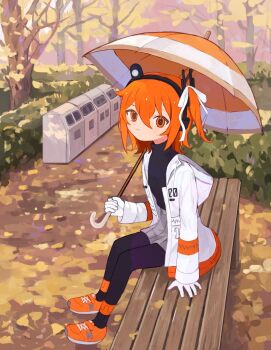 1girl a.i._voice adachi_rei bench black_pantyhose black_shirt closed_mouth full_body gloves grey_shorts hair_ribbon headlamp hedge holding holding_umbrella hood hood_down hooded_jacket jacket looking_at_viewer looking_to_the_side medium_hair new_balance on_bench one_side_up open_clothes open_jacket orange_eyes orange_hair orange_shoes outdoors pantyhose pantyhose_under_shorts park park_bench photo-referenced recycle_bin ribbon s1ho_(ukiy0u0) shirt shoes shorts sitting sneakers solo tree umbrella utau white_gloves white_jacket white_ribbon