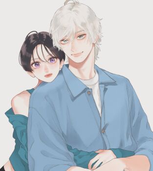 1boy 1girl androgynous artist_name black_hair blue_jacket buttons commentary_request cover cover_page green_eyes green_sweater highres hug hug_from_behind ichimaru_kohaku jacket lips long_sleeves looking_at_viewer manga_cover mika_yamamori numbered official_art purple_eyes red_lips shirt short_hair simple_background smile sweater t-shirt takiguchi_yoi textless_version uruwashi_no_yoi_no_tsuki white_background white_hair white_shirt