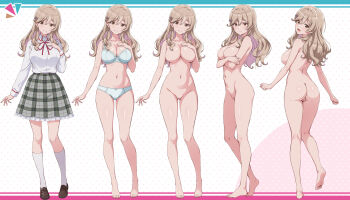 1girl arms_under_breasts ashigaya_high_school_uniform ass barefoot blue_bra blue_panties bra breasts brown_eyes brown_hair brown_shoes cleavage closed_mouth collared_shirt colored_inner_hair commentary_request completely_nude crossed_arms dress_shirt feet flower_hairpin frilled_skirt frills from_behind grey_skirt hair_between_eyes hand_on_own_chest highres kneehighs large_breasts light_blush loafers long_hair looking_at_viewer multicolored_hair multiple_views nanikairu navel neck_ribbon no_nipples no_pussy nude open_mouth paid_reward_available panties pink_hair plaid_clothes plaid_skirt red_ribbon ribbon school_uniform sena_ajisai shirt shoes skirt smile socks soles split_mouth standing standing_on_one_leg toes turnaround two-tone_hair underwear underwear_only watashi_ga_koibito_ni_nareru_wake_naijan_murimuri! white_background white_shirt white_socks