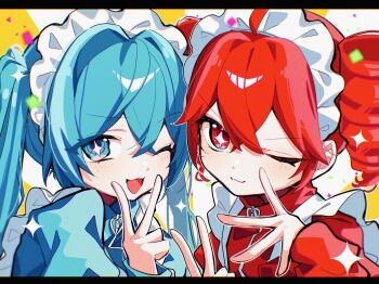 Rule 34 | + +, 2girls, ;3, ;d, absurdres, alternate costume, blue eyes, blue jacket, blush, closed mouth, commentary request, crossed bangs, double-parted bangs, double v, drill hair, enmaided, finger counting, hair between eyes, hair intakes, hand up, hands up, hatsune miku, highres, jacket, jersey maid, kasane teto, long hair, long sleeves, looking at viewer, maid, maid headdress, multiple girls, one eye closed, open mouth, portrait, red eyes, red hair, red jacket, shigure (rinky creater), short hair, smile, sunburst, sunburst background, track jacket, twin drills, twintails, unconventional maid, utau, v, vocaloid, zipper