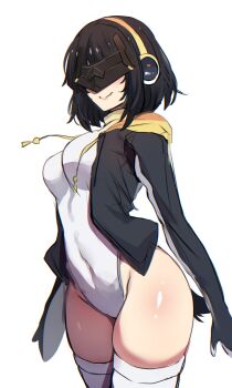 1girl arknights arknights:_endfield black_hair cosplay covered_navel curvy emperor_penguin_(kemono_friends) emperor_penguin_(kemono_friends)_(cosplay) endministrator_(arknights) female_endministrator_(arknights) headphones highleg highleg_leotard highres hinghoi hood hoodie jacket kemono_friends leotard leotard_under_clothes shiny_skin short_hair simple_background solo thighhighs white_background white_leotard white_thighhighs wide_hips