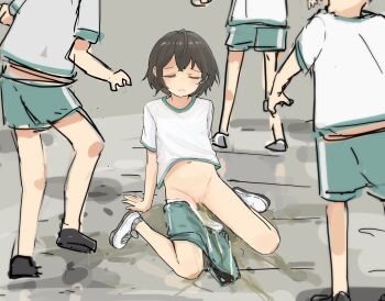 1girl 3others absurdres black_hair censored cleft_of_venus closed_eyes frown green_shorts gym_shirt gym_shorts gym_uniform highres loli mosaic_censoring multiple_others navel on_floor original panties panties_around_leg pee pee_stain peeing peeing_self pixiv_104798521 public_indecency puddle pussy shirt shoes short_hair shorts shorts_around_one_leg sitting standing tears underwear wariza wet wet_clothes wet_panties wet_shorts white_panties white_shirt