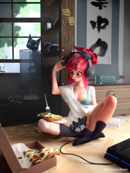1girl 3d absurdres artist_name black_cat black_socks blue_bra blue_eyes bra breasts cat cleavage clock commentary controller derivative_work drawer english_commentary female_focus flower food fork game_console game_controller hair_bun hair_ornament hairclip headphones highres large_breasts long_hair marissa_lyne_boehm md5_mismatch off-shoulder_shirt off_shoulder open_mouth original paper_towel partially_immersed pepperoni pink_hair pizza resolution_mismatch shelf shirt single_hair_bun sitting socks solo source_larger underwear white_flower white_shirt window