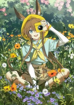 1girl absurdres alternate_costume amiya_(arknights) animal_ears aqua_shirt arknights blue_eyes brown_hair brown_shorts camera chinese_commentary commentary_request detached_sleeves flower grass hat highres holding holding_camera long_hair looking_at_viewer on_grass one_eye_covered open_mouth rabbit_ears rabbit_girl shirt short_sleeves shorts sitting solo teeth upper_teeth_only white_sleeves yanfenguo_gao yellow_hat