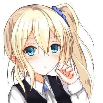 1girl absurdres all_justice blonde_hair blue_eyes blue_scrunchie blush brooch clenched_hand collared_shirt commentary_request double-parted_bangs eyelashes hair_between_eyes hair_ornament hair_scrunchie hand_up hayasaka_ai highres jewelry kaguya-sama_wa_kokurasetai_~tensai-tachi_no_renai_zunousen~ long_hair long_sleeves looking_at_viewer parted_lips portrait school_uniform scrunchie shirt shuuchiin_academy_school_uniform side_ponytail sidelocks simple_background solo white_background white_shirt