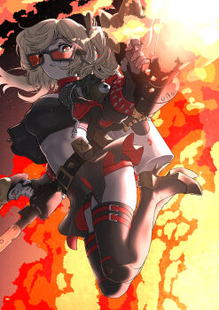 Rule 34 | 1girl, absurdres, black jacket, black skirt, black thighhighs, blonde hair, breasts, burnice white, commentary request, crop top, cropped jacket, fiery background, fire, flamethrower, hair ornament, high heels, highres, holding, holding flamethrower, holding weapon, jacket, jumping, looking at viewer, medium breasts, midriff, nemaki (nemaki87456), one eye closed, open clothes, open jacket, red-tinted eyewear, red eyes, skirt, smile, solo, thighhighs, thighs, tinted eyewear, two side up, weapon, zenless zone zero