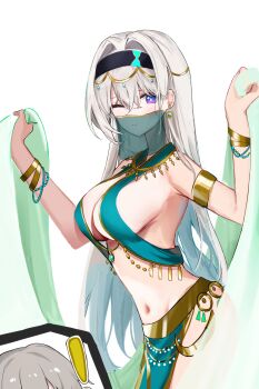 ! 1boy 1girl absurdres aqua_loincloth armlet belly black_hairband blue_pupils bracelet breasts caelus_(honkai:_star_rail) cleavage closed_mouth dana_(hapong07) dancer firefly_(honkai:_star_rail) gradient_eyes hair_ornament hairband highres holding_cloth honkai:_star_rail honkai_(series) jewelry large_breasts multicolored_eyes navel one_eye_closed simple_background trailblazer_(honkai:_star_rail) unfinished white_background