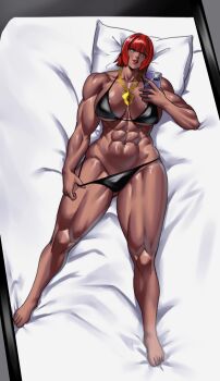 1girl abs barefoot bed bikini black_bikini black_border blunt_bangs border breasts cellphone clothes_pull commentary dakimakura_(medium) dark-skinned_female dark_skin english_commentary full_body gold_necklace green_eyes highres holding holding_phone jewelry large_breasts looking_at_phone looking_at_viewer lying marisa_(street_fighter) mole mole_under_mouth muscular muscular_female navel necklace on_back phone pillow pulling_own_clothes red_hair short_hair smartphone solo street_fighter street_fighter_6 swimsuit thick_thighs thighs undressing zinfian