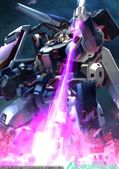 beam_cannon copyright_logo copyright_name copyright_notice energy_sword full_armor_gundam gundam gundam_card_game gundam_thunderbolt highres holding holding_sword holding_weapon humanoid_robot logo mecha missile_pod mobile_suit no_humans official_art on_one_knee robot sakusakusakurai science_fiction shield shoulder_cannon sword v-fin weapon yellow_eyes