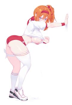 1girl absurdres against_wall asymmetrical_legwear bare_shoulders bent_over blue_eyes breasts buruma clothes_lift commentary english_commentary from_side full_body girls&#039;_frontline gym_uniform hair_between_eyes headband highres kalina_(girls&#039;_frontline) kneehighs large_breasts looking_at_viewer looking_to_the_side nipples orange_hair red_buruma red_headband shinyozura shirt shirt_lift shoes simple_background single_kneehigh single_sock single_thighhigh sneakers socks standing thighhighs uneven_legwear white_background white_shirt white_shoes white_socks white_thighhighs