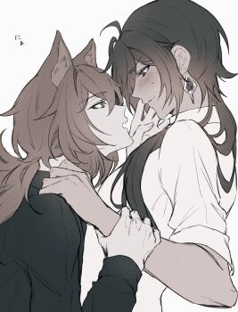 Rule 34 | 2boys, animal ears, black shirt, blush, collared shirt, commentary request, diluc (genshin impact), eye contact, from side, genshin impact, hair behind ear, hand on another's arm, hand on another's shoulder, highres, kaeya (genshin impact), kemonomimi mode, long hair, long sleeves, looking at another, male focus, multiple boys, nervous sweating, open mouth, ponytail, shike (i am morafeti), shirt, simple background, sleeves rolled up, sweat, upper body, white background, yaoi