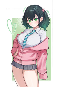 1girl :3 bad_girl_(manga) blush breasts closed_mouth flower green_eyes green_hair grey_skirt hair_flower hair_ornament hand_on_own_hip highres kangbus large_breasts looking_at_viewer miniskirt necktie pleated_skirt ruriha_rura school_uniform short_hair simple_background skirt smile solo