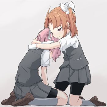 Rule 34 | 2girls, ahoge, bike shorts, black shorts, bow, brown footwear, brown hair, buttons, from side, full body, gloves, grey background, grey legwear, grey skirt, grey vest, hair bow, hair ribbon, head bowed, hug, kagerou (kancolle), kakizaki (chou neji), kantai collection, kneeling, miniskirt, multiple girls, pink hair, pleated skirt, ponytail, purple eyes, remodel (kantai collection), ribbon, school uniform, shiranui (kancolle), shirt, shoes, short ponytail, short sleeves, shorts, shorts under skirt, sidelocks, simple background, sitting, skirt, twintails, vest, wariza, white bow, white gloves, white ribbon, white shirt