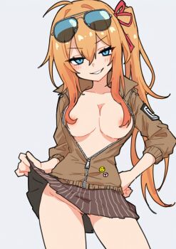 1girl ahoge artist_request blue_eyes blush breasts brown_jacket collarbone contrapposto cowboy_shot eyewear_on_head girls'_frontline grey_background hair_between_eyes hair_ribbon hand_on_own_hip highres jacket kalina_(girls'_frontline) long_hair looking_at_viewer no_panties non-web_source orange_hair parted_lips partially_unzipped red_ribbon ribbon side_ponytail simple_background skirt skirt_hold smile solo source_request striped_clothes striped_skirt sunglasses vertical-striped_clothes vertical-striped_skirt