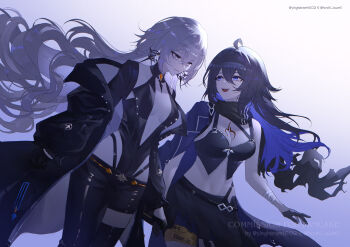 Rule 34 | 2girls, absurdres, aged up, ahoge, alternate design, arm out of sleeve, asymmetrical clothes, bandaged arm, bandages, benghuai xueyuan, black gloves, black jacket, black leotard, black pants, black skirt, breasts, bronya zaychik, center opening, chest tattoo, closed mouth, colored inner hair, commentary, commission, earrings, english commentary, gloves, grey eyes, grey hair, hair between eyes, highres, honkai (series), jacket, jewelry, leotard, long hair, looking at another, medium breasts, midriff, multicolored hair, multiple girls, navel, open mouth, pants, purple hair, purple jacket, seele vollerei, single pantsleg, skirt, smile, tattoo, thighs, ying haram