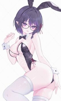 1girl animal_ears ass bare_arms bare_shoulders bow bowtie breasts cleavage cowboy_shot detached_collar fake_animal_ears highleg highleg_leotard highres leotard looking_at_viewer medium_breasts medium_hair noa_(mikeyymc) original playboy_bunny pointy_ears purple_eyes purple_hair rabbit_ears side-tie_leotard simple_background skindentation solo strapless strapless_leotard thighhighs thighs translucent_bunnysuit twisted_torso white_background white_thighhighs wrist_cuffs zxcsque