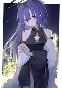 1girl absurdres alternate_costume black_halo black_sleeves blue_archive blue_eyes blue_hair breasts cleavage_cutout clothing_cutout commentary detached_sleeves eyewear_on_head glasses halo highres long_hair looking_at_viewer medium_breasts night ponytail round_eyewear solo tamago_sando yuuka_(blue_archive)