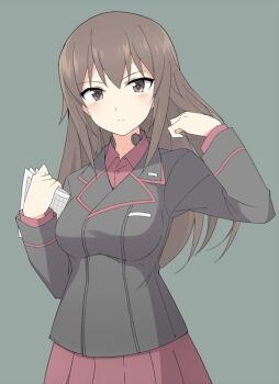 Rule 34 | 1girl, adjusting hair, alternate hair length, alternate hairstyle, black jacket, blush, breasts, brown eyes, brown hair, clenched hand, closed mouth, cowboy shot, girls und panzer, grey background, holding, holding map, jacket, kuromorimine military uniform, large breasts, long hair, long sleeves, looking at viewer, map, military, military jacket, military uniform, mobu, nishizumi maho, non-web source, pleated skirt, red shirt, red skirt, shirt, simple background, skirt, solo, throat microphone, upper body