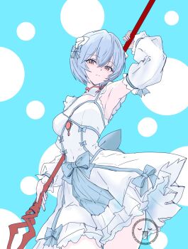 Rule 34 | 1977 oj3, armpits, ayanami rei, blue hair, breasts, commentary request, cowboy shot, detached sleeves, dress, frilled dress, frilled sleeves, frills, highres, holding, holding polearm, holding weapon, lance, neon genesis evangelion, polearm, short hair, simple background, small breasts, spear, upper body, watermark, weapon