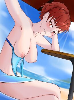 1girl absurdres beach bikini blue_sky blush breasts brown_hair cloud commentary day enbu_(enbu_steel00) english_commentary highres looking_at_viewer nipples ocean open_mouth outdoors persona persona_3 persona_3_portable red_eyes shiomi_kotone short_hair sky smile solo sunlight swimsuit water