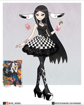 1girl absurdres artist_name black_hair black_pantyhose black_shirt black_shoes black_tank_top border breasts checkered_clothes checkered_skirt cleavage collarbone commentary dated deviantart_logo deviantart_username eyelashes fingernails full_body game_screenshot_inset high_heels highres instagram_logo instagram_username long_hair nintendo official_alternate_costume official_style outline pantyhose parody platform_heels pokemon pokemon_legends:_z-a pokemon_xy purple_eyes reference_inset shirt shoes skirt smile solo style_parody tank_top twitter_username twitter_x_logo valerie_(pokemon) vikthor01 watermark web_address white_border white_outline