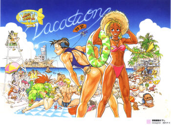 Rule 34 | 1990s (style), 6+boys, 6+girls, aircraft, akuma (street fighter), anklet, armlet, ass, back, balrog (street fighter), bandeau, barefoot, baseball bat, bazooka, beach, beach umbrella, bear pelt, beard, bent over, bikini, bikini tan, black male swimwear, black swim briefs, blanka, blanket, blindfold, blonde hair, blue bikini, blue headwear, bracelet, braid, brown hair, buried, cammy white, camouflage, can, capcom, casual one-piece swimsuit, chair, chun-li, cloud, club (weapon), coconut, colored skin, crab, cross, dark skin, day, dee jay, dhalsim, dirigible, double bun, drink, drink can, e. honda, earrings, eliza masters, everyone, eyewear on head, facial hair, feathers, feet, fei long, final fight, fishing, fishing rod, flag, flat chest, food, fruit, green male swimwear, green skin, green swim trunks, grin, guile, gun, gun sling, hair bun, hat, headband, headphones, highres, hot air balloon, inflatable raft, innertube, instrument, japan, jewelry, ken masters, legs, lifeguard, lipstick, log, long hair, lounge chair, lying, m. bison, makeup, male swimwear, maracas, mexico, midriff, multicolored male swimwear, multicolored swim trunks, multicolored swimsuit, multiple boys, multiple girls, muscular, nail (hardware), nail bat, native american, navel, necklace, nishimura kinu, on back, on stomach, one-piece swimsuit, outdoors, palm tree, parachute, peaked cap, pelt, pink bikini, pink hair, poison (final fight), ponytail, print male swimwear, print swim briefs, print swim trunks, print swimsuit, raft, red hair, red male swimwear, red swim trunks, retro artstyle, rifle, roxy (final fight), ryu (street fighter), sagat, sandals, scan, scope, shark, shop, short hair, shorts, side-tie bikini bottom, sitting, sky, skywriting, smile, soda can, squatting, standing, strapless, straw hat, street fighter, street fighter i, street fighter ii (series), striped male swimwear, striped swim briefs, striped swim trunks, suikawari, sunglasses, swim briefs, swim ring, swim trunks, swimsuit, tan, tanline, thong bikini, thong one-piece swimsuit, thunder hawk, top hat, tree, tube top, twin braids, umbrella, vega (street fighter), vertical-striped male swimwear, water, watermelon, weapon, white male swimwear, white swim trunks, zangief
