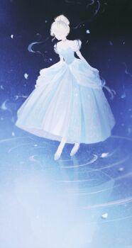 1girl bare_shoulders blonde_hair blue_choker blue_dress choker cinderella_(disney_character) cinderella_(disney_movie) closed_eyes closed_mouth collarbone commentary_request curtsey dress elbow_gloves expressionless full_body glass_slipper gloves gown hair_bun happy high_heels highres lake light_particles long_dress magic miqing night nikki_(series) off-shoulder_dress off_shoulder outdoors petals pleated_dress puffy_short_sleeves puffy_sleeves reflection reflective_liquid ripples shining_nikki shoes short_hair short_sleeves single_hair_bun solo standing standing_on_liquid tiara updo white_gloves white_shoes