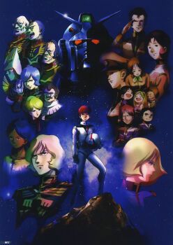 Rule 34 | 1980s (style), 1990s (style), amuro ray, angry, bald, blonde hair, bright noa, brown hair, char aznable, crowley hamon, dark skin, degwin sodo zabi, dozle zabi, earth federation, facial hair, fraw bow, garma zabi, gihren zabi, glasses, gundam, hat, hayato kobayashi, helmet, highres, holding, holding unworn helmet, kai shiden, katz howan, kikka kitamoto, kycilia zabi, lalah sune, letz cofan, looking at viewer, manly, mask, matilda ajan, mecha, mikimoto haruhiko, military uniform, mirai yashima, mobile suit, mobile suit gundam, mouth mask, mustache, nebula, oldschool, pilot suit, promotional art, ramba ral, red hair, retro artstyle, robot, rx-78-2 gundam, salute, sayla mass, scan, science fiction, serious, shouting, sideburns, spacesuit, star (symbol), star symbol background, traditional media, unworn helmet, v-fin, zeon