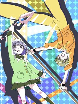 Rule 34 | 2girls, arm up, blonde hair, brown eyes, commentary request, drawstring, drop shadow, erejhbw7ttmogau, green jacket, green skirt, green socks, highres, holding, holding staff, holding wand, hood, hood down, huang pao-lin, jacket, lara tchaikoskaya, long sleeves, multiple girls, open mouth, orange jacket, pants, purple eyes, purple hair, short hair, skirt, socks, staff, tiger &amp; bunny, very short hair, wand, yellow pants