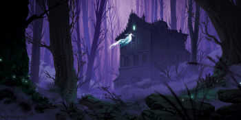 1girl absurdres banshee bare_tree commentary english_commentary floating flying forest from_behind ghost ghost_girl glowing grass highres horror_(theme) house landscape levitation lorenzo_lanfranconi moss nature original painterly purple_theme rock scenery tree