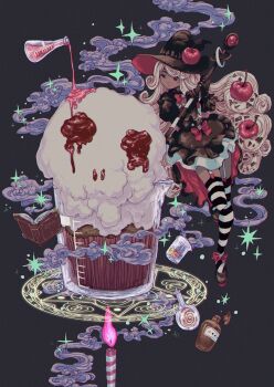 1girl absurdres black_background black_dress black_gloves black_hat book bow candle candy cherry commentary_request dark-skinned_female dark_skin dessert dress flask floating floating_book floating_object food frills fruit gloves hat highres holding lollipop long_hair long_sleeves magical_girl mole mole_under_eye muffin original red_bow red_eyes simple_background skull_print star_(symbol) sweets thighhighs ttanne very_long_hair wavy_hair white_hair witch witch_hat