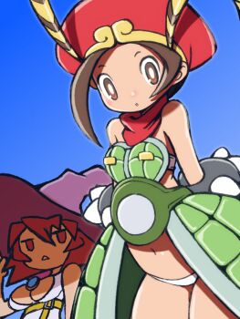 Rule 34 | 2girls, armor, bare shoulders, beeru (veil8801), beret, blue background, bracelet, breastplate, breasts, bright pupils, brown eyes, brown hair, cleavage, faulds, gradient background, green armor, hat, highres, jewelry, lamellar armor, large breasts, multiple girls, navel, purple hat, red eyes, red hair, red hat, ringed eyes, spiked bracelet, spikes, tabasa, tao (warzard), warzard, white pupils, witch hat