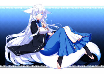Rule 34 | 1girl, animal ears, barefoot, blue eyes, blue hakama, clothing cutout, feet, female focus, fox ears, fox tail, hakama, hakama skirt, highres, hip vent, inari, japanese clothes, jewelry, konshin, long hair, orie mishiro, pixiv fantasia, pixiv fantasia fallen kings, skirt, solo, tail, toe ring, toeless legwear, toes, white hair