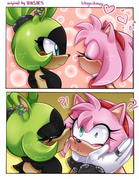 !? 2girls amy_rose artist_name bingusbnuy black_shirt blue_eyes blush bracelet closed_eyes earrings furry furry_female furry_with_furry gloves grabbing_another's_face green_fur green_hair hairband head_grab heart hedgehog_girl high_ponytail highres jewelry licking licking_another's_cheek licking_another's_face multiple_earrings multiple_girls pink_fur ponytail puckered_lips red_hairband ring sharp_teeth shirt sonic_(series) surge_the_tenrec surprised sweatdrop teeth tenrec_girl tongue tongue_out torn_clothes torn_sleeves white_gloves yuri