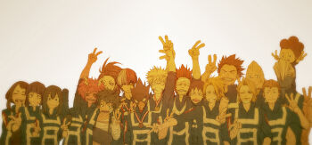 5girls 6+boys angry aoyama_yuuga ashido_mina asui_tsuyu bakugou_katsuki bandaged_arm bandaged_chest bandaged_head bandages black_hair blonde_hair boku_no_hero_academia brown_hair closed_mouth colored_skin double_v furry furry_male grin hagakure_toru horns iida_tenya jacket jiro_kyoka kaminari_denki kirishima_eijirou kouda_kouji medal midoriya_izuku mineta_minoru multiple_boys multiple_girls ngy09 ojiro_mashirao one_eye_closed open_clothes open_jacket open_mouth pink_hair pink_skin red_hair satou_rikidou school_uniform sero_hanta sharp_teeth short_hair shouji_mezou smile spiked_hair teeth thick_lips todoroki_shoto tokoyami_fumikage u.a._school_uniform uraraka_ochako v white_background yaoyorozu_momo