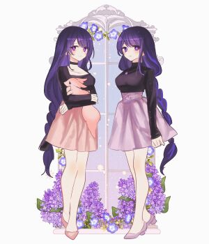 2girls alternate_costume black_choker blunt_bangs braid choker closed_mouth dress floral_background flower fox fox_girl full_body genshin_impact hair_ribbon highres jewelry korean_commentary light_blush long_sleeves looking_to_the_side makoto_(genshin_impact) mole mole_under_eye multicolored_hair multiple_girls necklace new_nero purple_eyes purple_hair raiden_shogun ribbon siblings single_braid sisters slippers streaked_hair twins window yae_miko yae_miko_(fox)