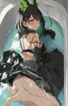 1girl absurdres arknights ass barefoot bathtub black_bra black_hair black_panties black_skirt blush bra breasts commentary feet green_eyes green_hair highres large_breasts looking_at_viewer material_growth medium_hair mon3tr_(arknights) multicolored_hair oripathy_lesion_(arknights) panties shikyou_yoru skirt soles solo toes two-tone_hair underwear water